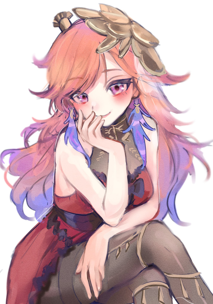1girl, black_legwear, blush, closed_mouth, dress, earrings, eyebrows_visible_through_hair, highres, hololive, hololive_english, jewelry, long_hair, looking_at_viewer, multicolored_hair, orange_dress, orange_hair, pantyhose, purple_hair, revision, smile, solo, takanashi_kiara, tokkieee_qian, violet_eyes, virtual_youtuber