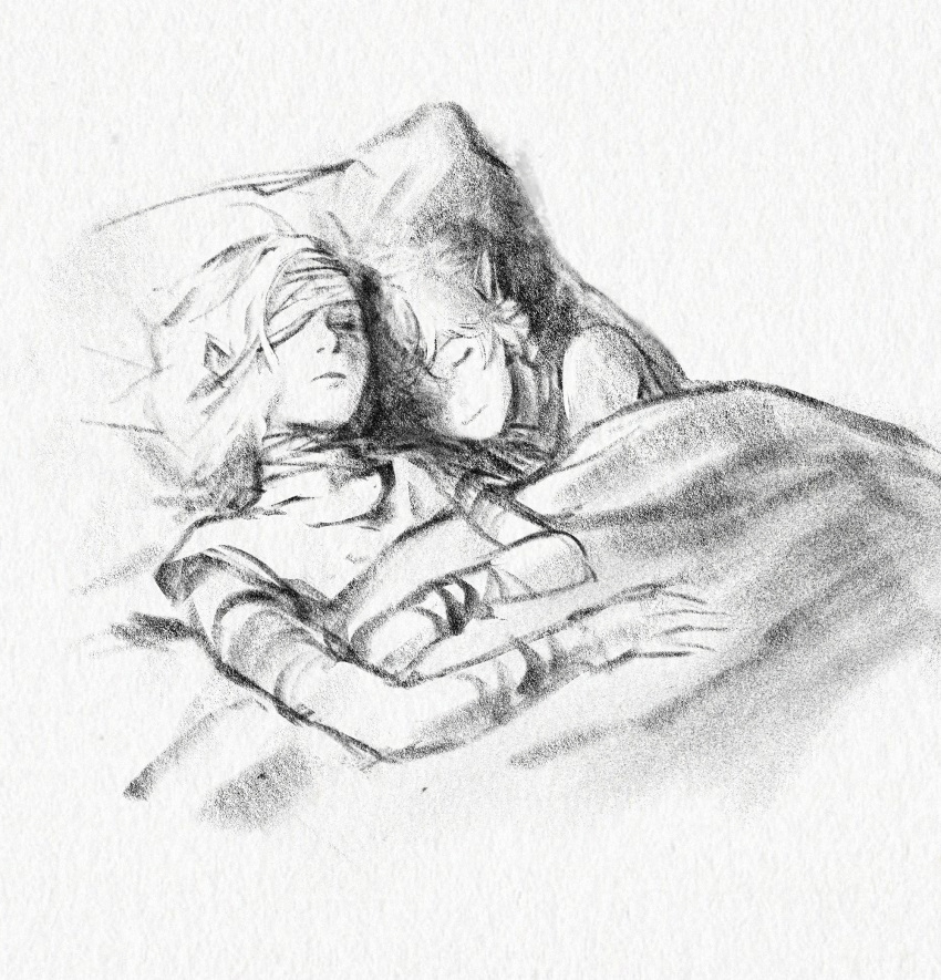 2boys, bandage_over_one_eye, bandaged_head, bandaged_neck, bandages, bare_shoulders, bed_sheet, blanket