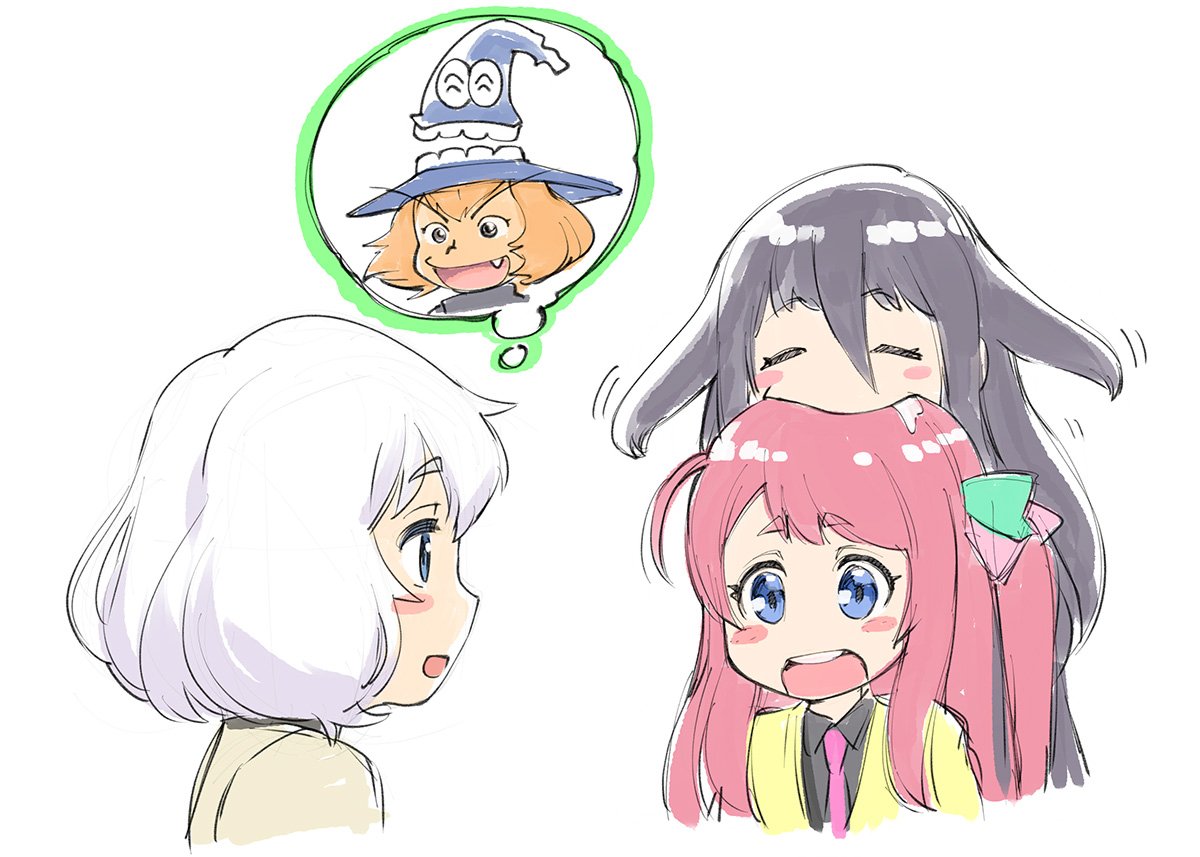 3girls, black_hair, blue_eyes, blush_stickers, chapeauji, dororon_enma-kun, enma-kun, hair_ornament