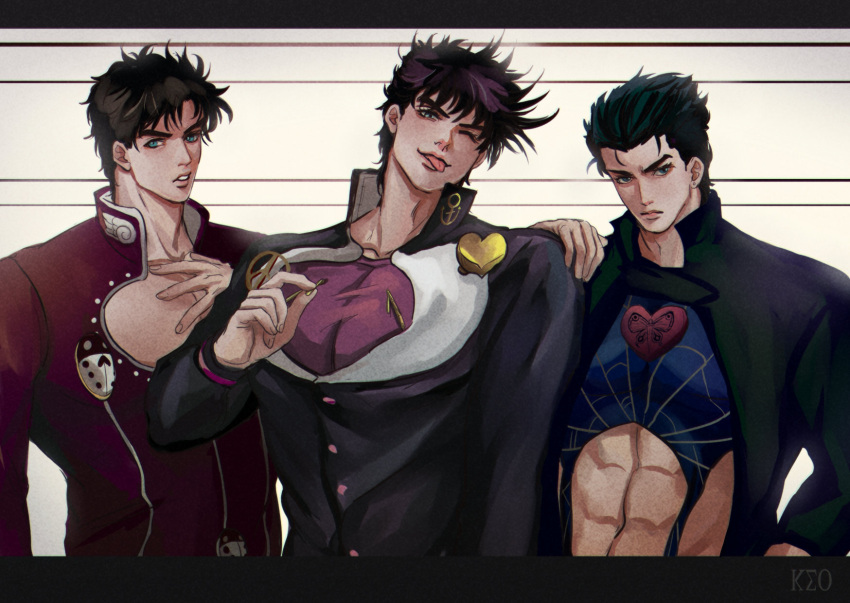 3boys, :p, battle_tendency, black_hair, brown_hair, bug, butterfly, cosplay