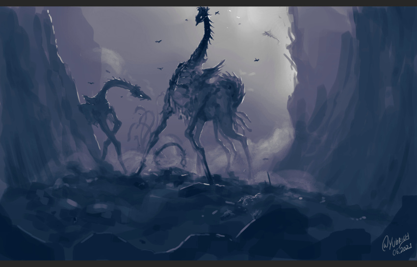 commentary_request, dark, dated, flock, fog, highres, letterboxed, made_in_abyss, monster, nature, no_humans, ryuusazai, signature, valley, yubrich