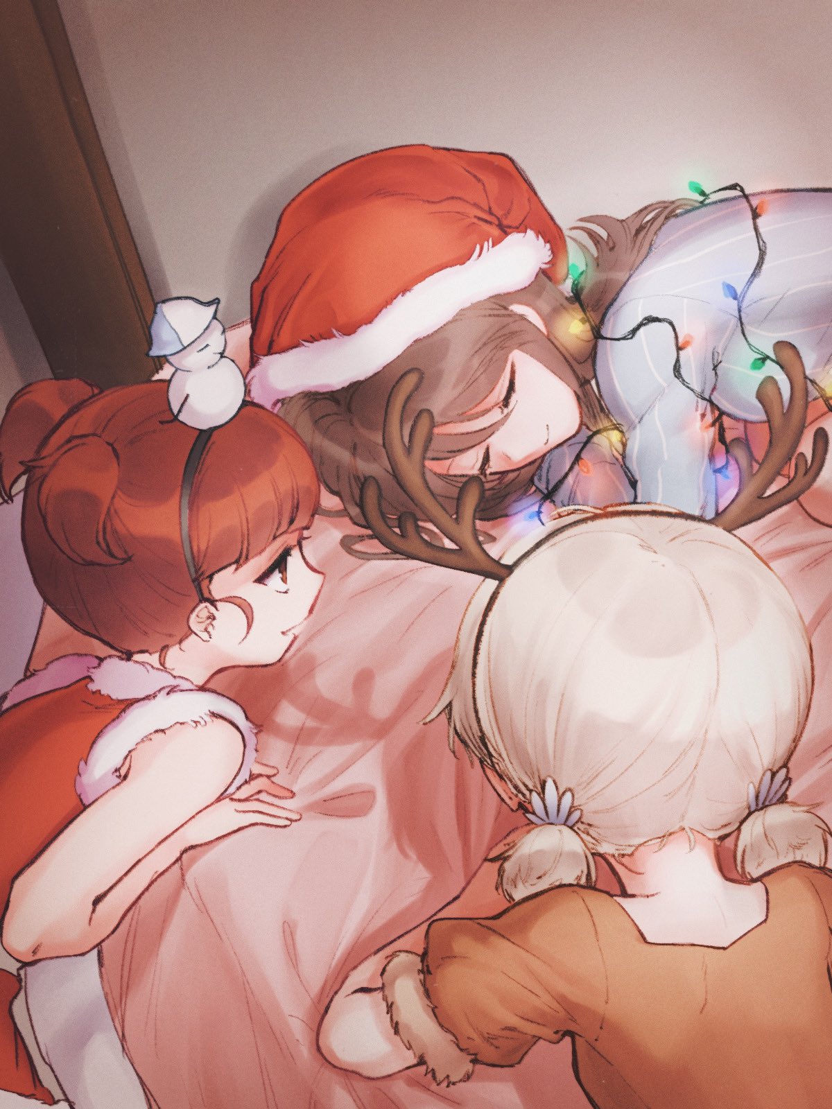 100zi, 3girls, alternate_headwear, antlers, bangs, blue_shirt, brown_dress, brown_hair