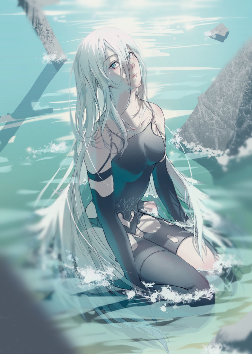1girl, absurdres, android, armlet, bare_shoulders, black_gloves, black_legwear, black_shorts