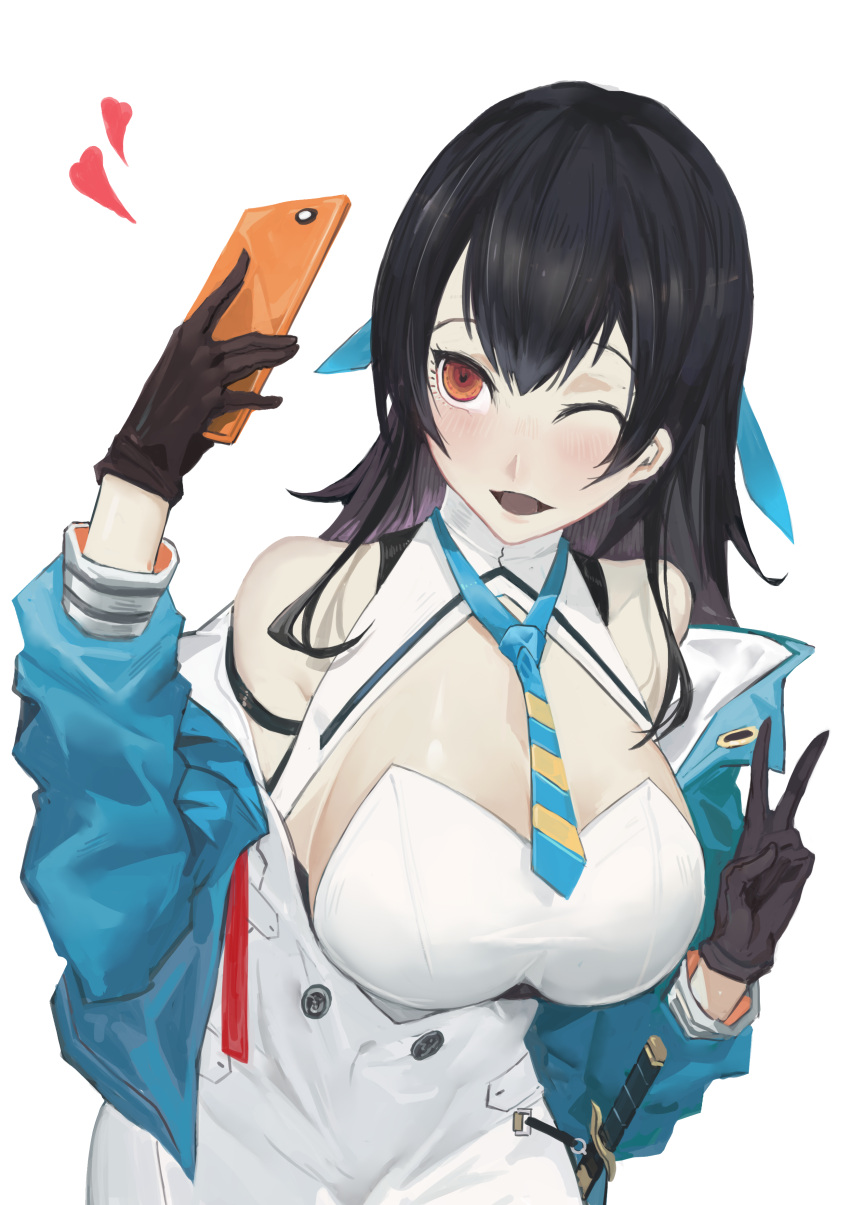 1girl, atago_(blue_oath), bangs, black_bra, black_gloves, black_hair, black_panties, blue_jacket