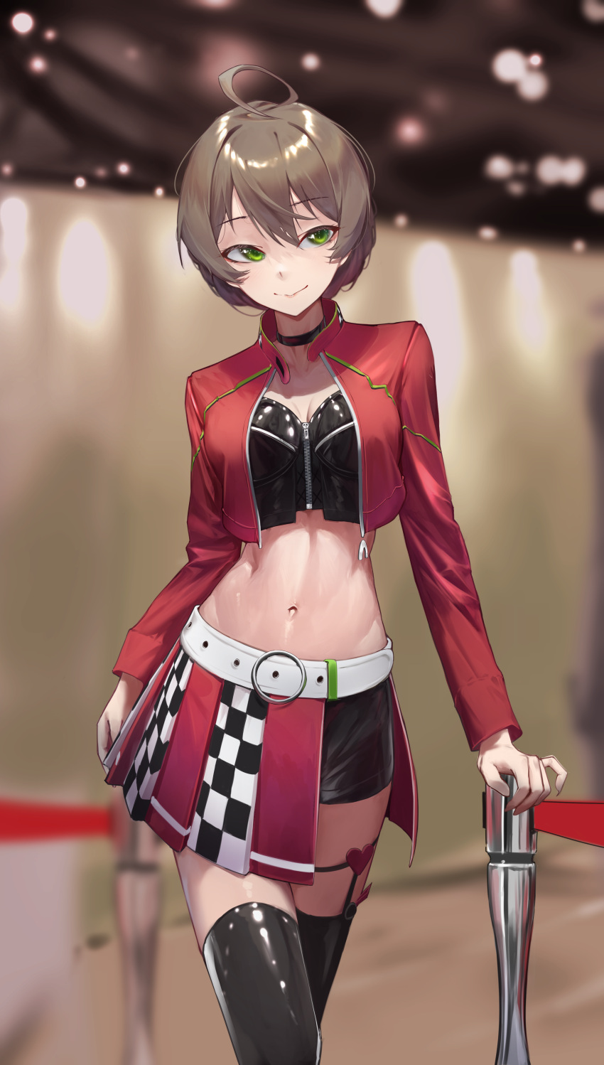 1girl, absurdres, ahoge, arm_support, arms_at_sides, belt, black_bustier, black_legwear, black_shorts, blurry, blurry_background, breasts, breasts_apart, brown_hair, bustier, checkered, checkered_clothes, checkered_skirt, choker, closed_mouth, collarbone, contrapposto, cowboy_shot, cropped_jacket, eyebrows_visible_through_hair, garter_straps, glint, green_eyes, groin, hair_between_eyes, heart, highres, idolmaster, idolmaster_million_live!, idolmaster_million_live!_theater_days, jacket, linea_alba, long_sleeves, looking_away, lowleg, lowleg_shorts, lowleg_skirt, marrrrrr, medium_breasts, midriff, navel, open_clothes, open_jacket, racequeen, red_jacket, sakuramori_kaori, shiny, shiny_clothes, short_hair, short_shorts, shorts, shorts_under_skirt, sideways_glance, skinny, skirt, smile, solo, stanchion, thigh-highs, thigh_strap, tsurime, walking, white_belt, zettai_ryouiki, zipper, zipper_pull_tab