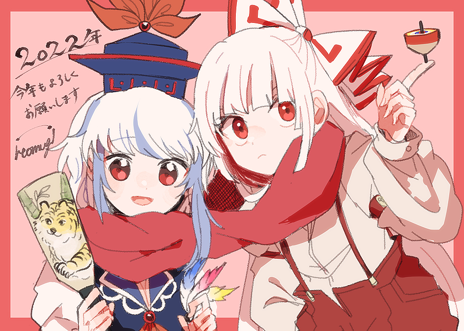 2022, 2girls, :d, bangs, blue_headwear, blunt_bangs, border, bow
