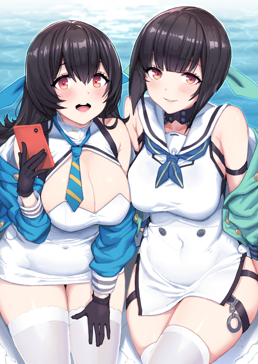 2girls, absurdres, atago_(blue_oath), bangs, black_bra, black_gloves, black_hair, black_panties