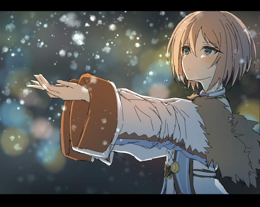 1girl, blanc_(neptune_series), blue_eyes, blush, brown_hair, closed_mouth, commentary_request, dress, expressionless, fur_trim, hair_between_eyes, jacket, looking_ahead, neptune_(series), no_hat, no_headwear, outdoors, outstretched_arms, ray_726, short_hair, snowing, solo, upper_body, white_dress, white_jacket
