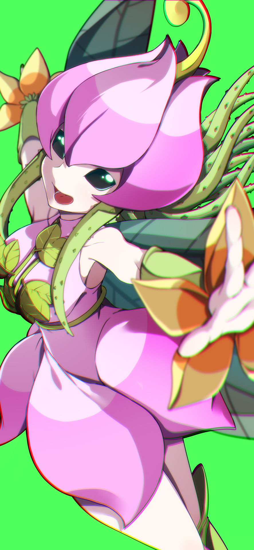 1girl, :d, bare_shoulders, black_eyes, breasts, chromatic_aberration, digimon, digimon_(creature)