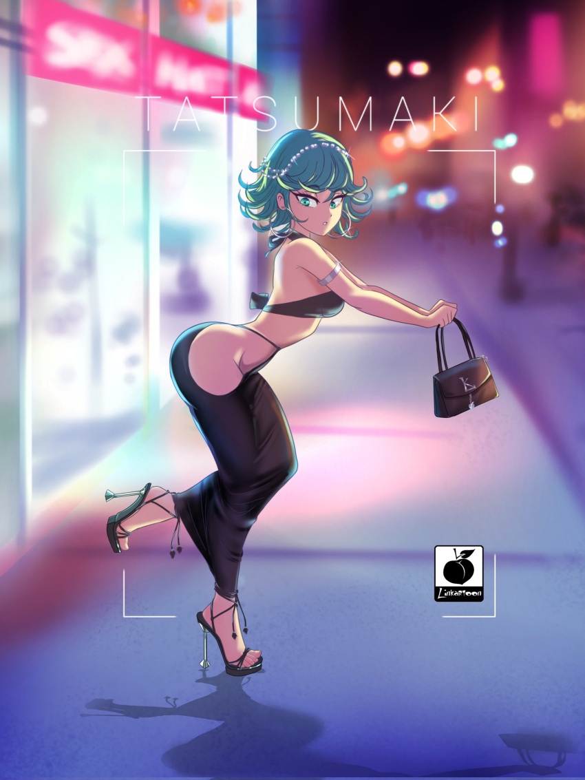 1girl, arched_back, armlet, artist_logo, ass, bag, bangs, bare_shoulders, black_footwear, black_skirt, blurry, blurry_background, breasts, character_name, commentary, earrings, english_commentary, eyelashes, flipped_hair, from_side, glint, green_eyes, green_hair, hair_between_eyes, handbag, high_heels, highres, hip_vent, holding, hoop_earrings, jewelry, lamppost, linkartoon, night, no_panties, one-punch_man, outdoors, outstretched_arms, parted_lips, shadow, sidewalk, skirt, solo, standing, standing_on_one_leg, tatsumaki