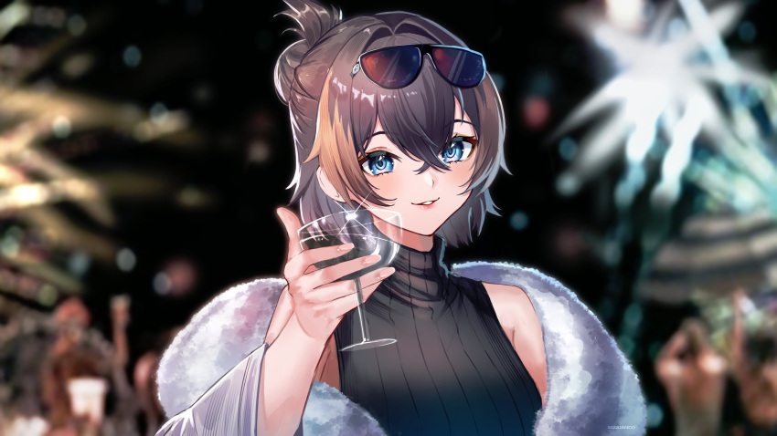 1girl, absurdres, bangs, black_sweater, blue_eyes, blurry, blurry_background, brown_hair