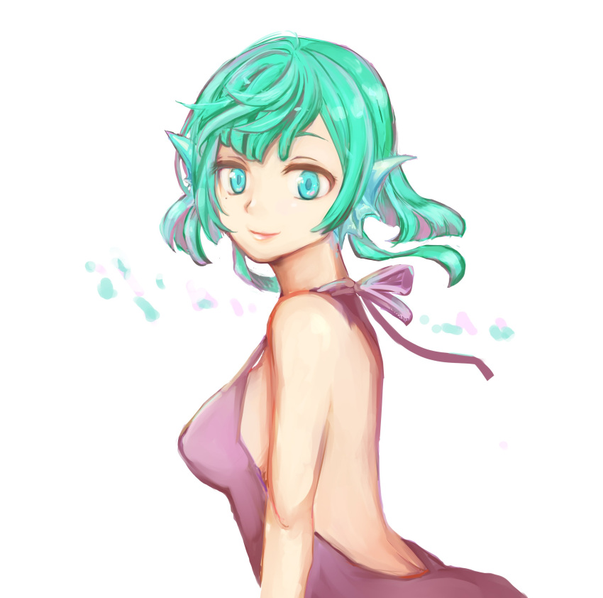 1girl, absurdres, aqua_eyes, aqua_hair, back, backless_dress, backless_outfit, bangs, bare_back, clarice_amber, dress, from_behind, head_fins, highres, looking_at_viewer, looking_back, pop-up_story, short_hair, simple_background, siren_(mythology), smile, solo, vetica, white_background