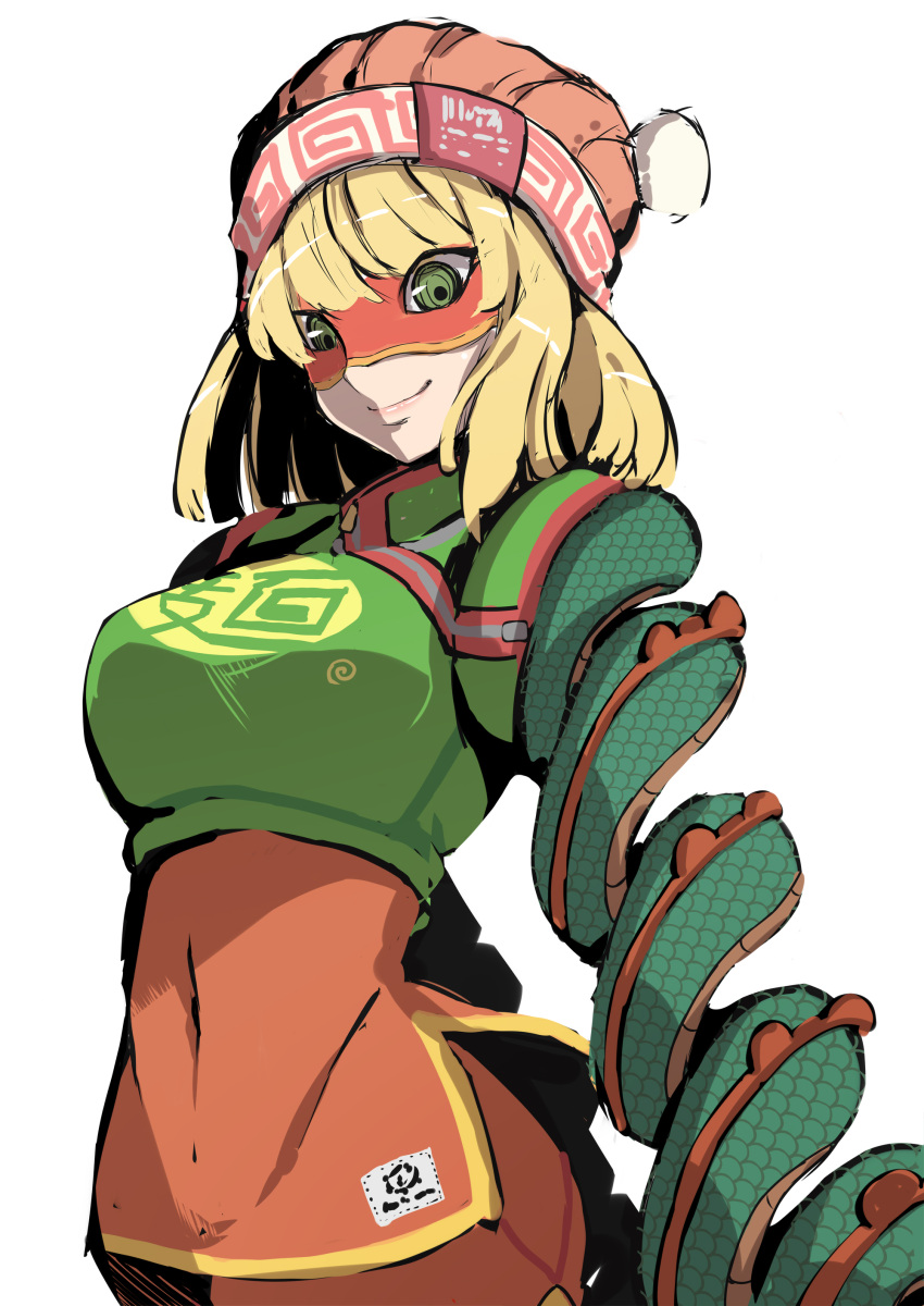 1girl, absurdres, arms_(game), blonde_hair, breasts, closed_mouth, covered_navel, domino_mask