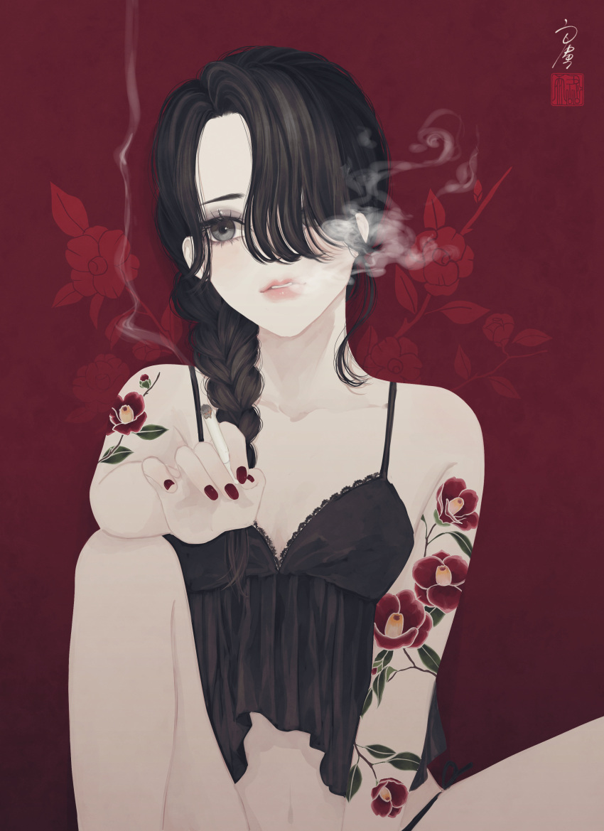 1girl, absurdres, arm_tattoo, bangs, bare_arms, bare_legs, between_legs, black_camisole