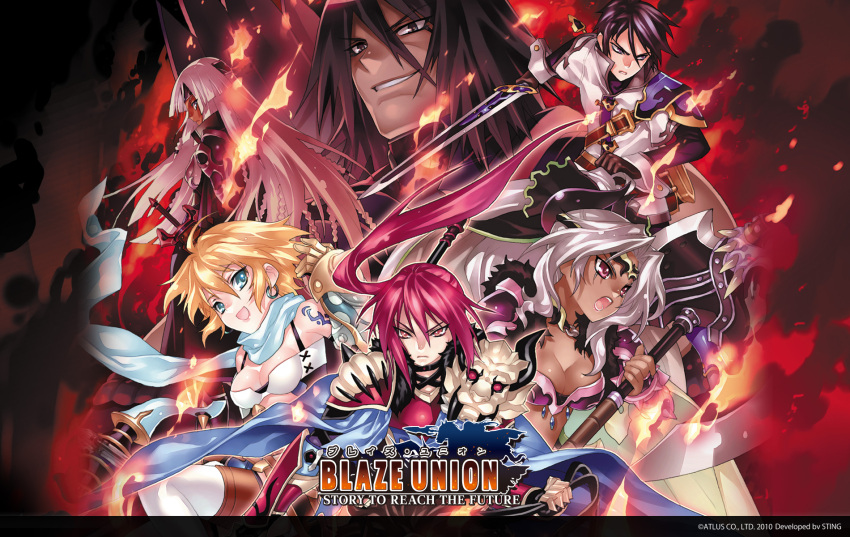 armor, black_hair, blaze_union, blonde_hair, blue_eyes, fire, garlot, highres, jenon, kousaki_rui, lapis_(blaze_union), medoute, official_art, purple_eyes, red_hair, siskier, thortie, wallpaper, white_hair, yellow_eyes