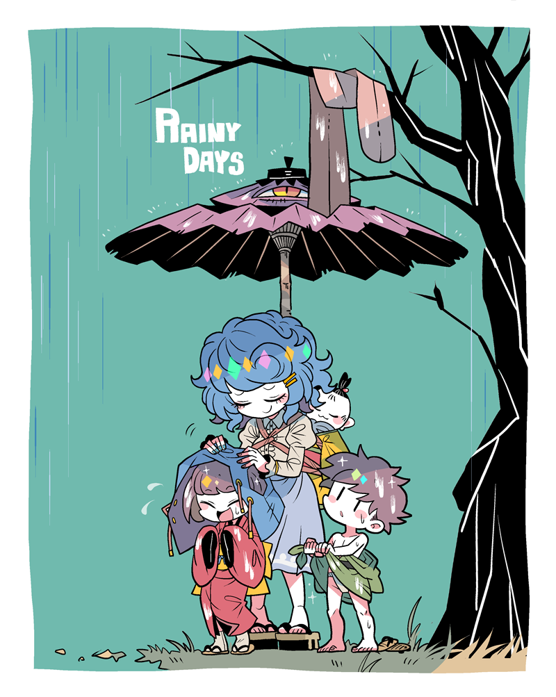 1boy, 2girls, bare_tree, blue_hair, blue_nails, blue_skirt, blue_vest, brown_hair