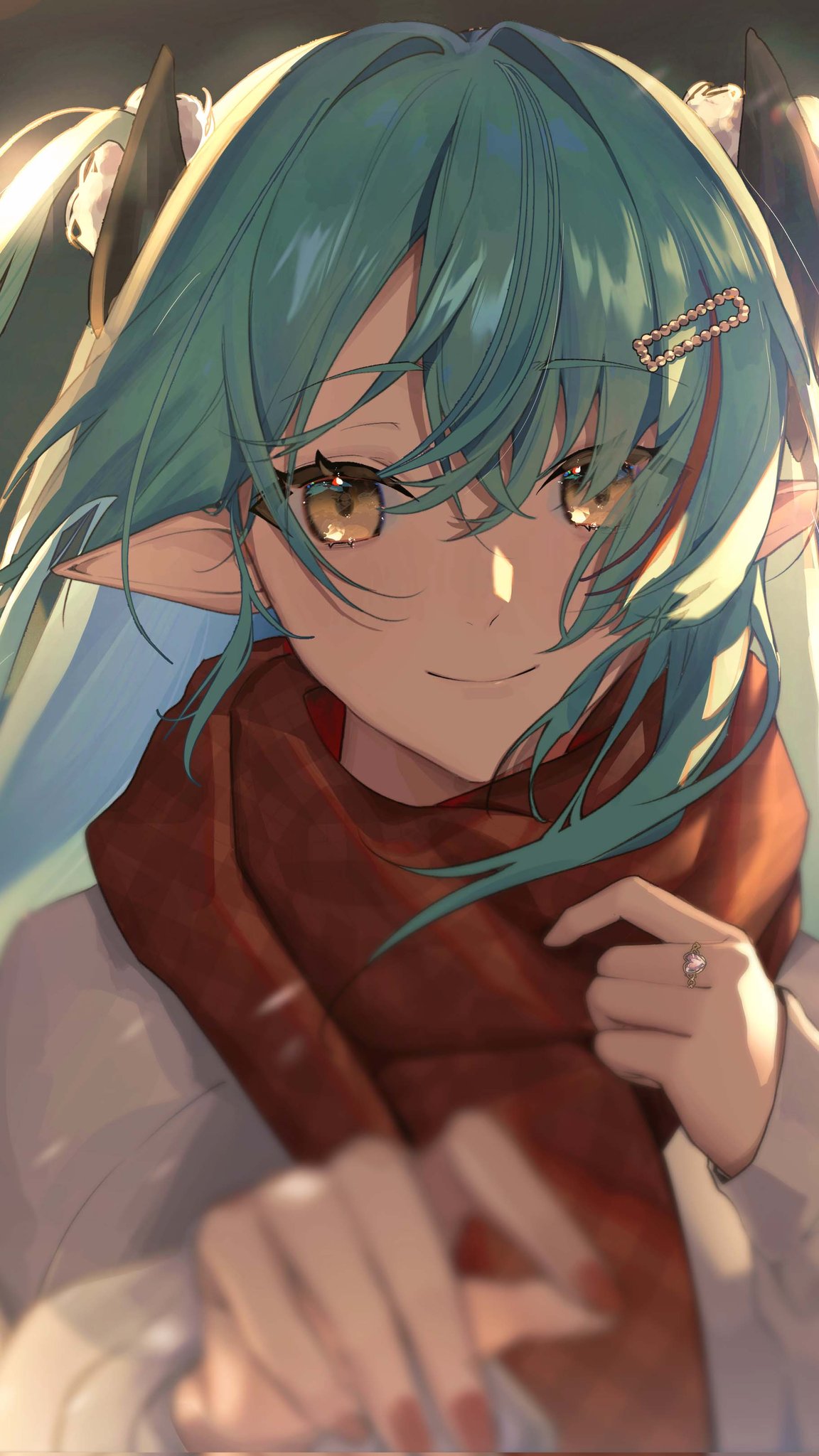 1girl, bangs, blue_hair, english_commentary, eyebrows_visible_through_hair, grey_jacket, hair_behind_ear, highres