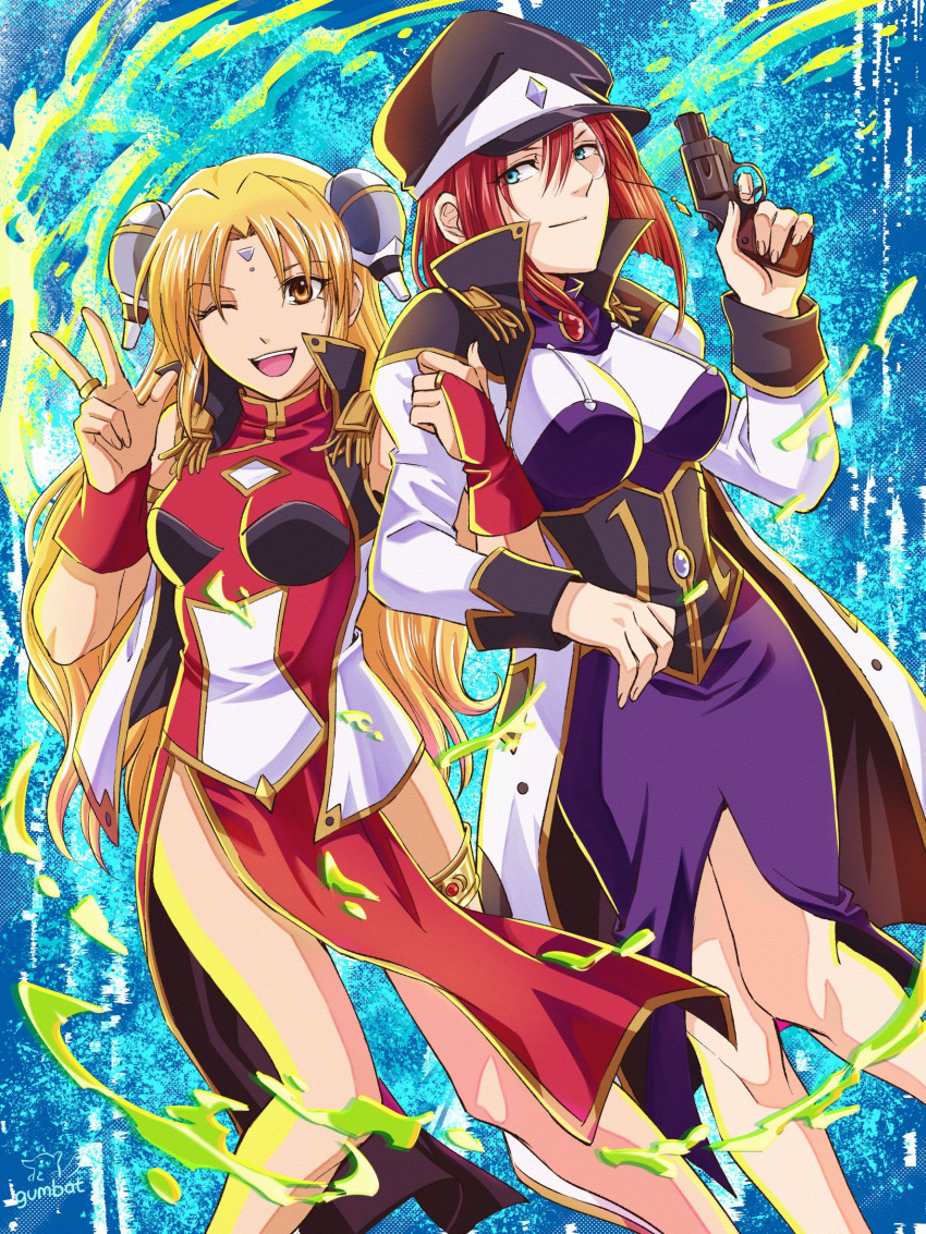 2girls, artist_name, blonde_hair, blue_eyes, china_dress, chinese_clothes, dress, forte_stollen
