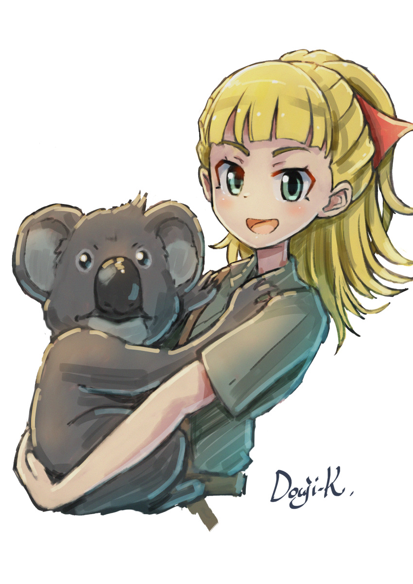 1girl, animal, artist_name, bangs, belt, blonde_hair, blunt_bangs, clinging