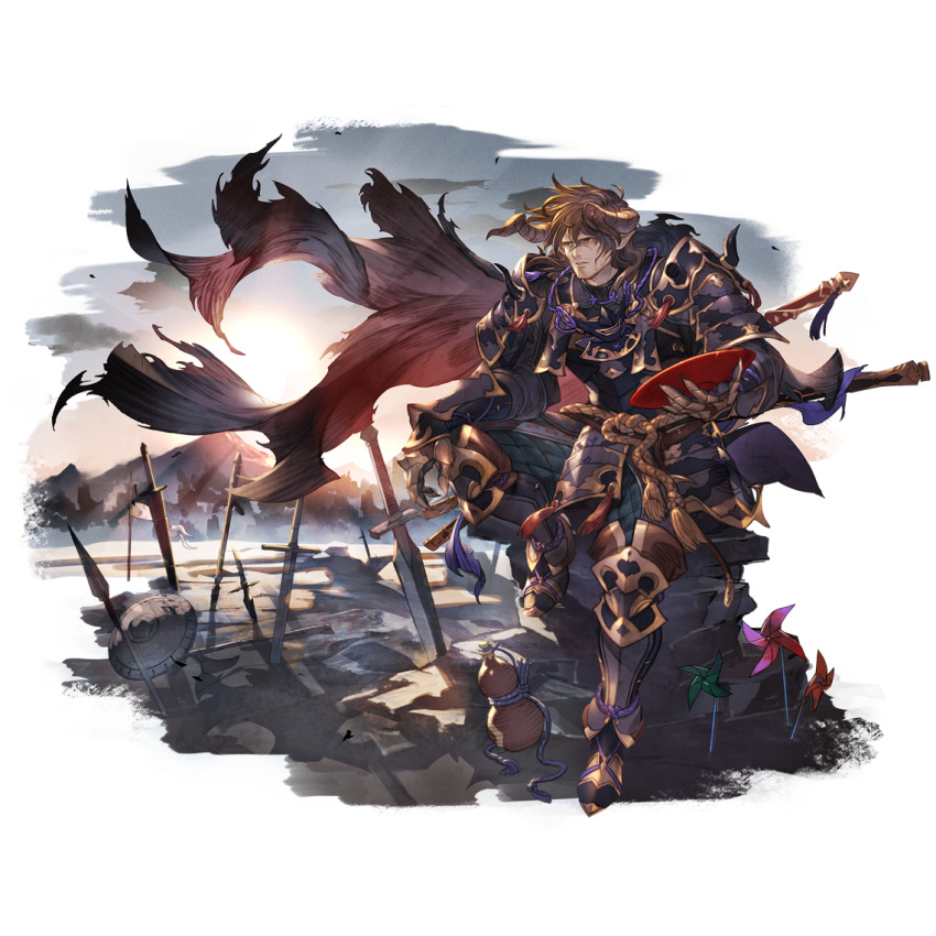 1boy, armor, armored_boots, axe, boots, breastplate, brown_hair, cape