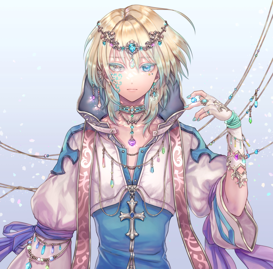 1boy, arch_bishop_(ragnarok_online), bangle, bangs, blonde_hair, blue_choker, blue_coat, blue_eyes