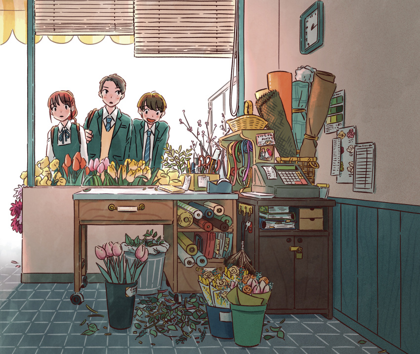 1girl, 2boys, :d, analog_clock, aqua_necktie, aqua_ribbon, arms_at_sides, awning