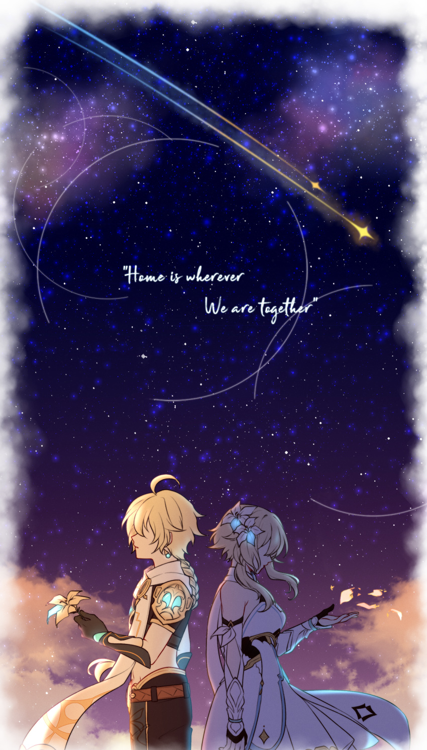 1boy, 1girl, absurdres, aether_(genshin_impact), ahoge, bare_shoulders, blonde_hair, dress