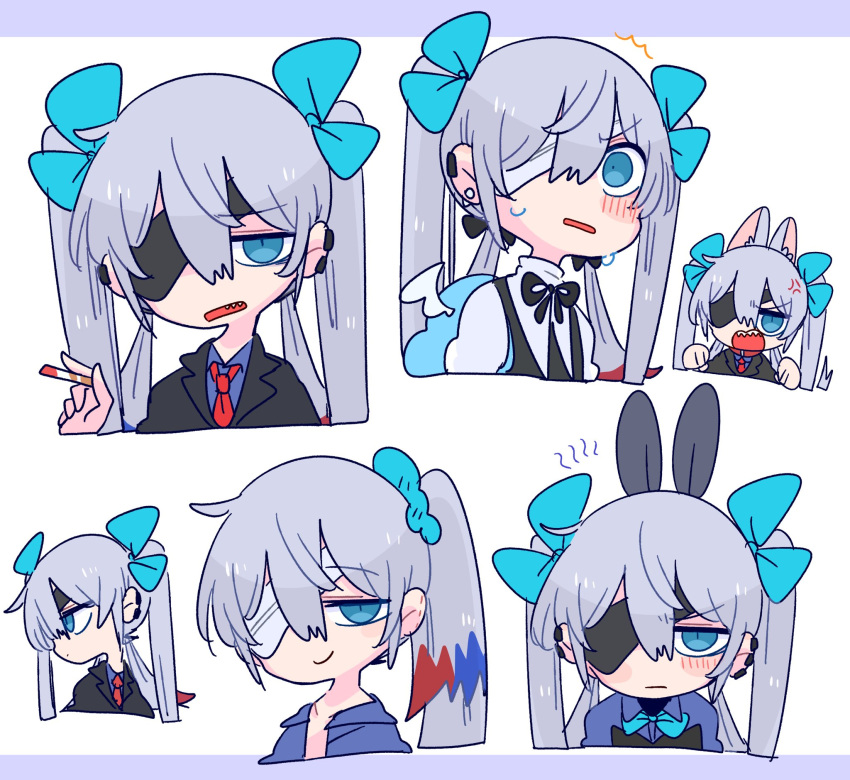 1boy, angel_wings, anger_vein, animal_ears, bandage_over_one_eye, blue_bow, blue_eyes, blue_hair, blue_shirt, blush, bow, bowtie, cigarette, collared_shirt, earrings, eyepatch, fake_animal_ears, formal, grey_hair, hair_between_eyes, hair_bow, highres, holding, holding_cigarette, jewelry, long_hair, looking_at_viewer, low_twintails, male_focus, multicolored_hair, multiple_views, necktie, op_na_yarou, open_mouth, original, otoko_no_ko, rabbit_ears, red_necktie, redhead, rigel_(op_na_yarou), scrunchie, sharp_teeth, shirt, smile, smirk, solo, suit, sweat, teeth, topless_male, twintails, two-tone_hair, wide-eyed, wings
