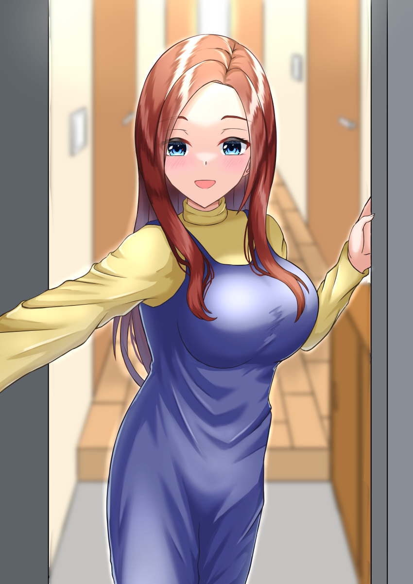 1girl, absurdres, apron, blue_eyes, breasts, door, go-toubun_no_hanayome, hallway