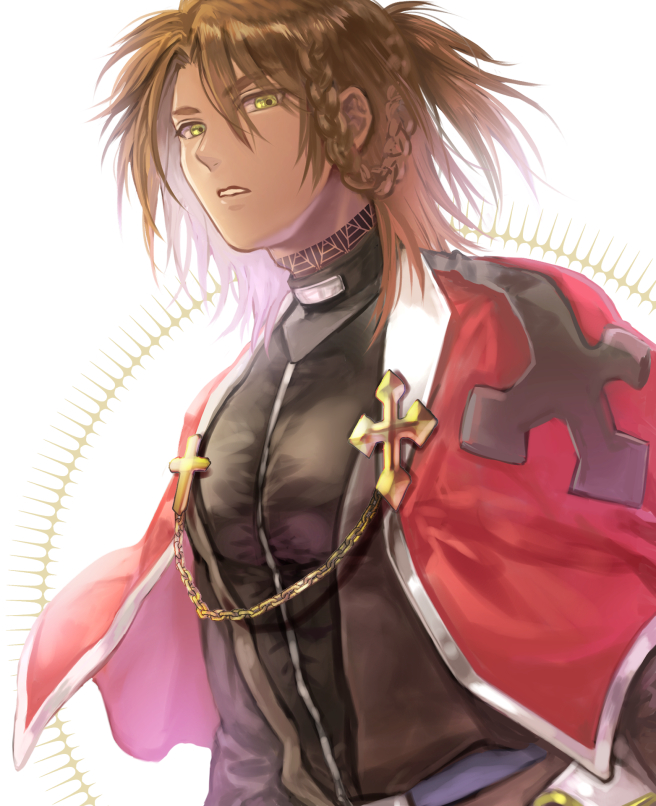 1boy, bangs, black_shirt, braid, brown_hair, capelet, chain, commentary_request