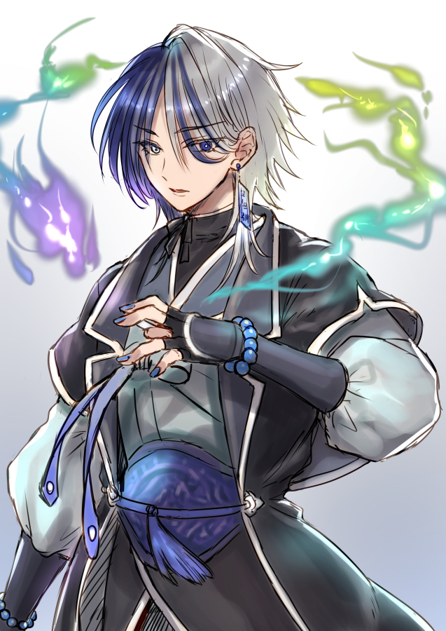 1boy, armor, bangs, black_coat, black_gloves, blue_eyes, blue_hair, blue_nails
