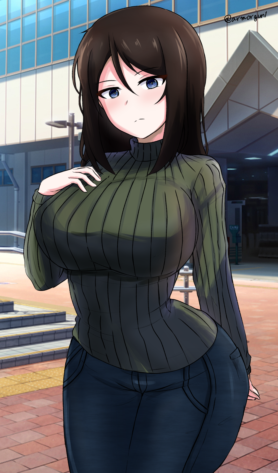 1girl, arm_behind_back, armorganger, bangs, black_hair, black_pants, blue_eyes, blush