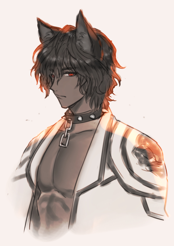 1boy, animal_ears, bangs, black_hair, cat_ears, chain, character_request, closed_mouth, collar, commentary_request, dark-skinned_male, dark_skin, hair_between_eyes, looking_at_viewer, male_focus, misuguu, pectorals, ragnarok_online, red_eyes, short_hair, simple_background, solo, spiked_collar, spikes, upper_body, very_dark_skin, white_background