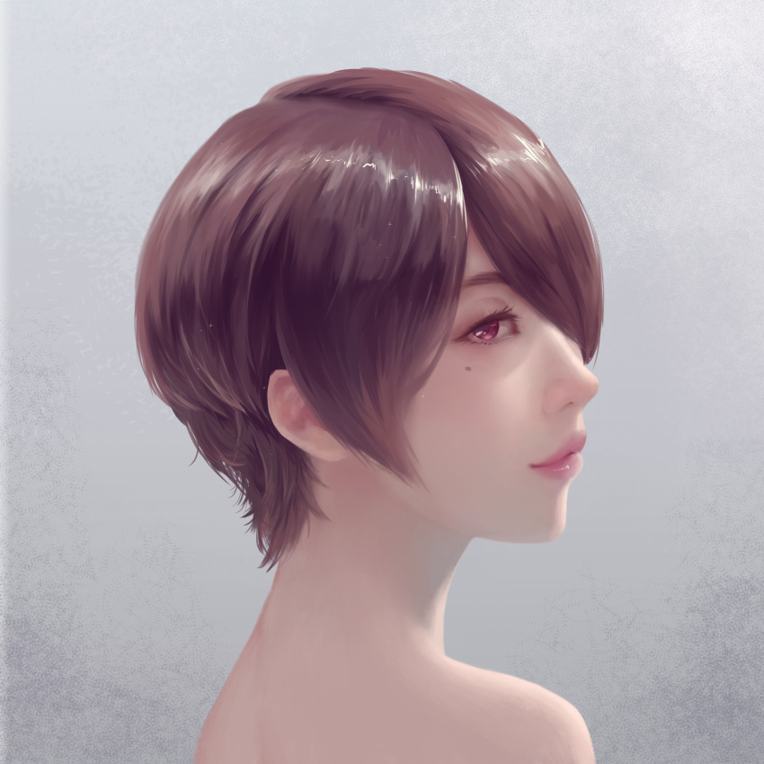 1girl, absurdres, bangs, brown_hair, close-up, closed_mouth, colomar, grey_background