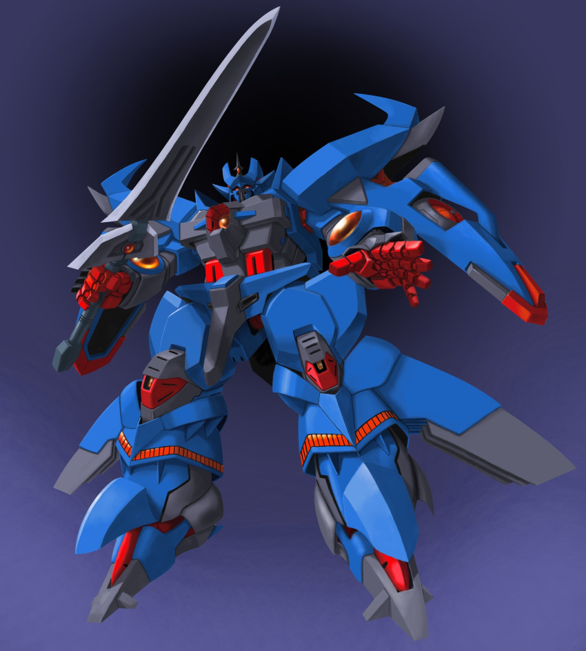clenched_hands, granzon, highres, holding, holding_sword, holding_weapon, looking_at_viewer, looking_down, mecha, moon, no_humans, osamu_(pixiv12554), solo, super_robot, super_robot_wars, super_robot_wars_original_generation, sword, weapon, yellow_eyes
