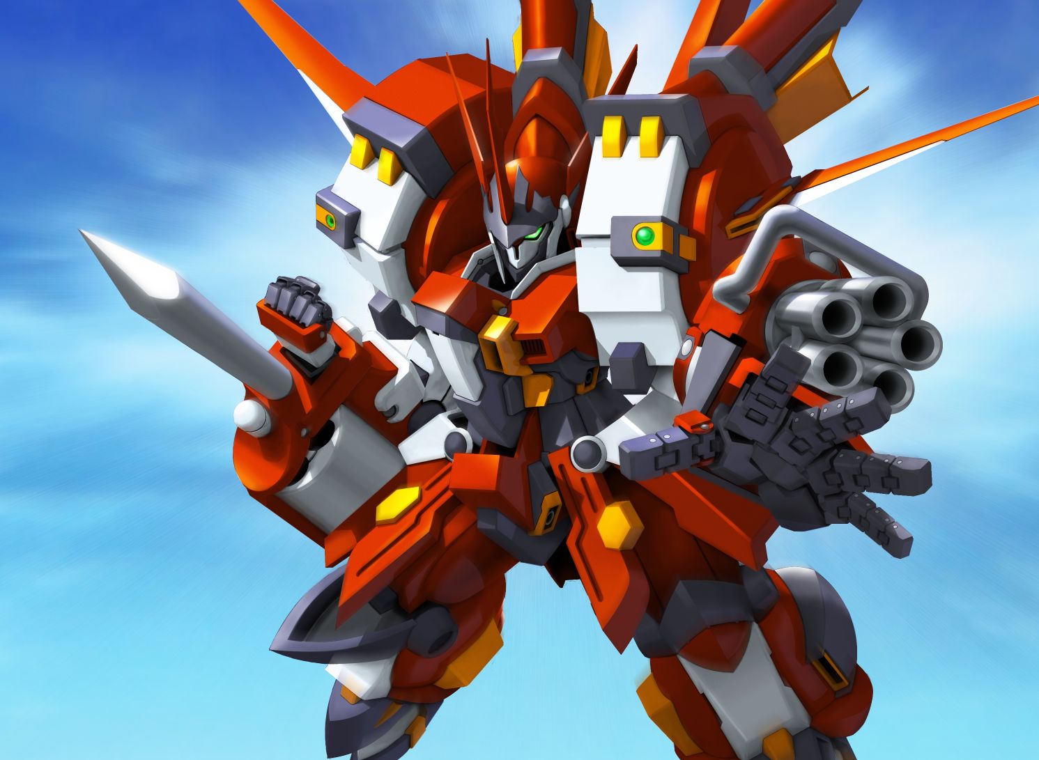 absurdres, alteisen_riese, clenched_hand, green_eyes, highres, horn, mecha, no_humans, osamu_(pixiv12554), pile_bunker, shell_casing, spot_color, steam, super_robot_wars, super_robot_wars_original_generation, weapon