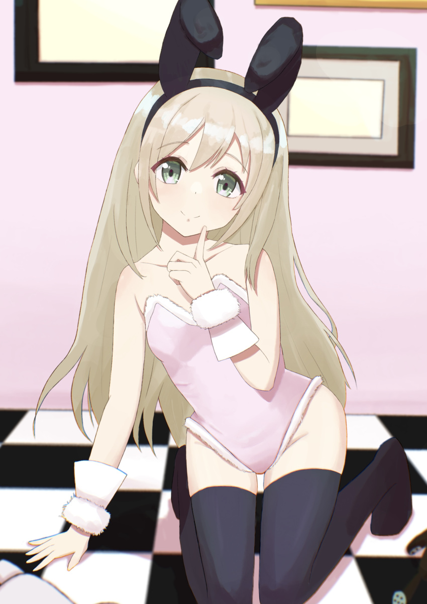 1girl, absurdres, animal_ears, blonde_hair, blush, checkered_floor, eyebrows_visible_through_hair, fake_animal_ears