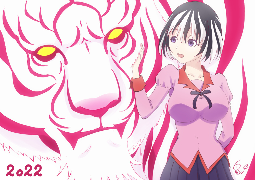 1girl, 2022, black_hair, breasts, chinese_zodiac, commentary_request, hair_ornament, hairclip