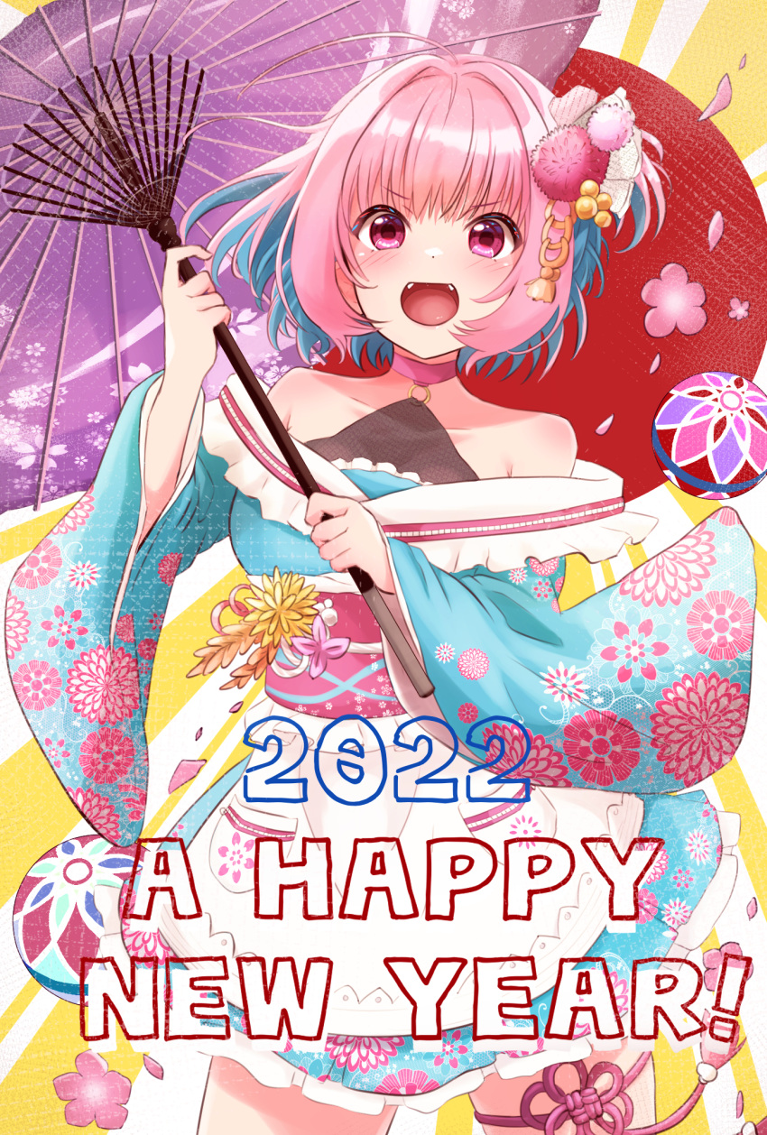 1girl, 2022, adapted_costume, ahoge, apron, bangs, bare_shoulders, blue_hair