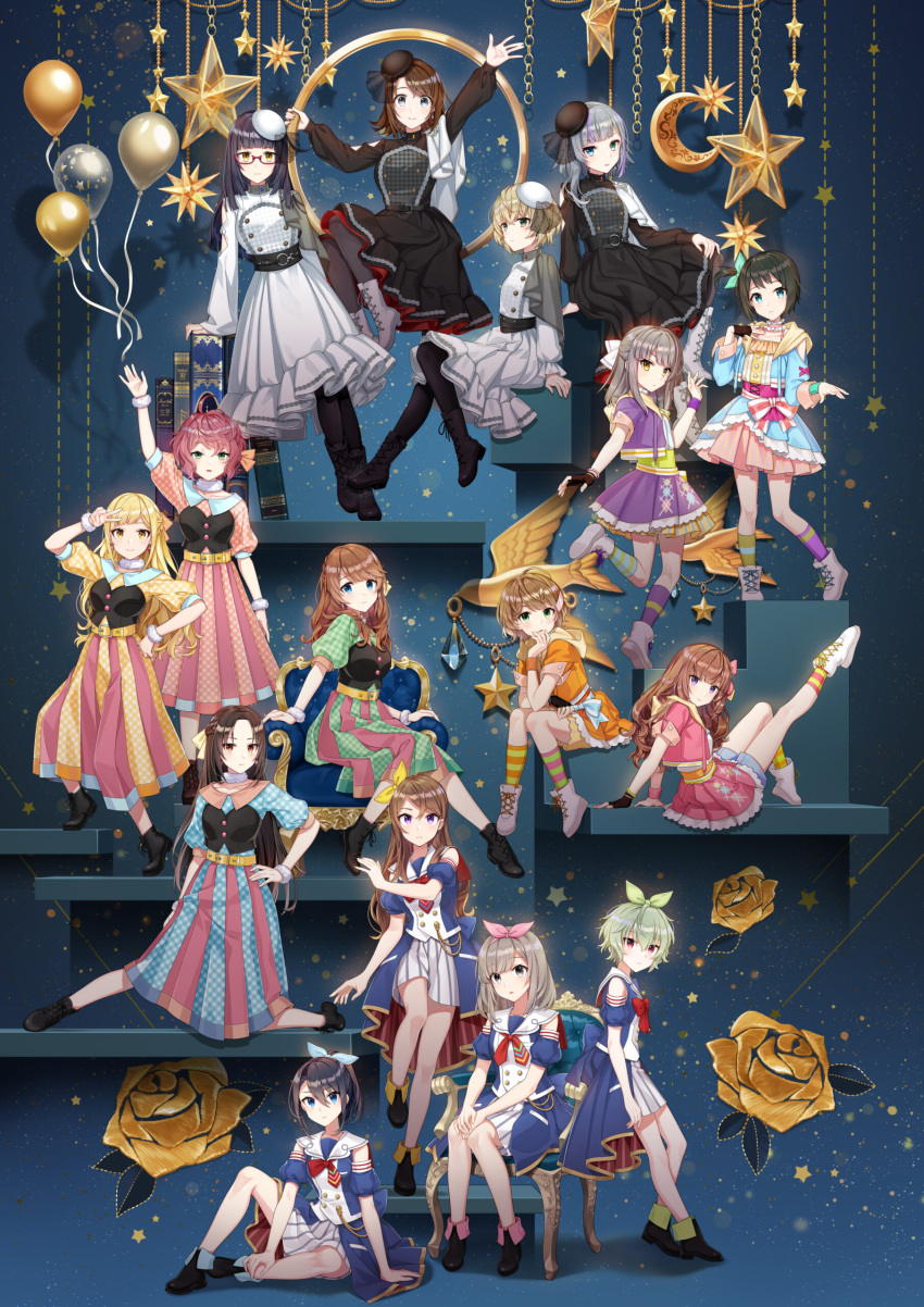 6+girls, absurdres, akagawa_chisa, clothes_lift, cue!, dress, eniwa_airi, everyone