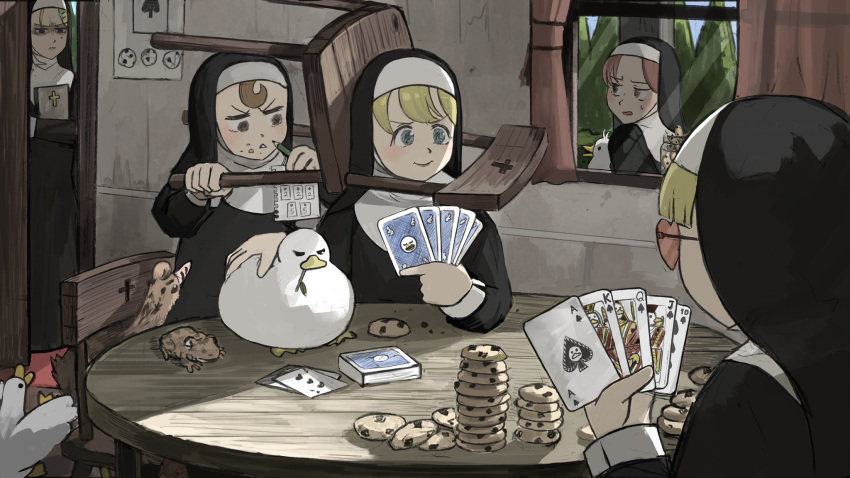 5girls, ace_of_spades, bangs, bible, bird, blonde_hair, blue_eyes, book