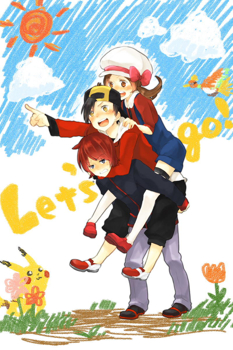 2boys, :3, backwards_hat, baseball_cap, black_eyes, black_hair, bow, brown_eyes, brown_hair, cabbie_hat, clouds, english, flower, gold_(pokemon), grass, grey_eyes, hat, ho-oh, hoodie, kotone_(pokemon), long_hair, long_sleeves, male, multiple_boys, nintendo, open_mouth, overalls, pants, piggyback, pikachu, pointing, pokemon, pokemon_(game), pokemon_heartgold_and_soulsilver, redhead, shoes, short_hair, silver_(pokemon), sky, smile, sweatdrop, thigh-highs, tokiko_(artist), twintails, white_thighhighs, yellow_eyes, zettai_ryouiki