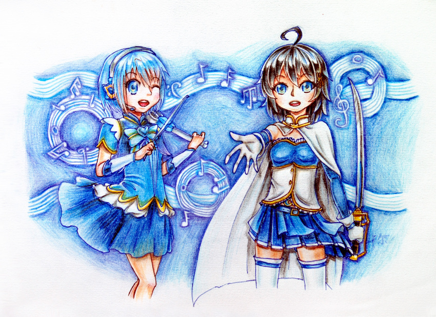 absurdres, balala_the_fairies, balala_the_fairies:_finding_melody, blue_eyes, blue_hair, breastplate, brown_hair, cosplay, cosplay_request, costume_switch, crossover, gloves, highres, ling_mei_qi, ling_mei_qi_(cosplay), magical_girl, mahou_shoujo_madoka_magica, miki_sayaka, miki_sayaka_(cosplay), miki_sayaka_(magical_girl), musical_note, one_eye_closed, open_mouth, precure, shirt, short_hair, skirt, socks, sword, wink, wristband