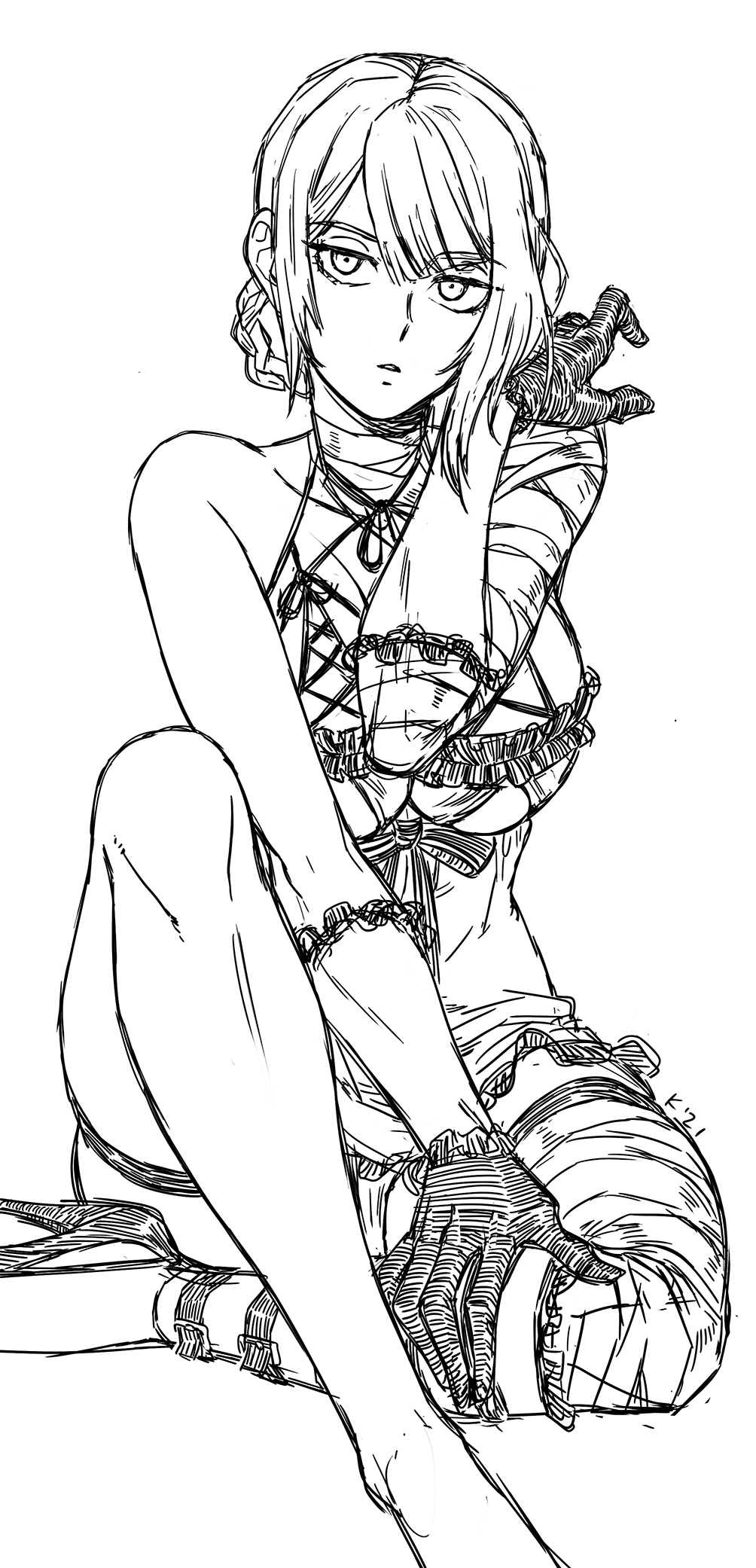 1girl, bandaged_arm, bandaged_leg, bandaged_neck, bandages, bare_shoulders, braid, collarbone