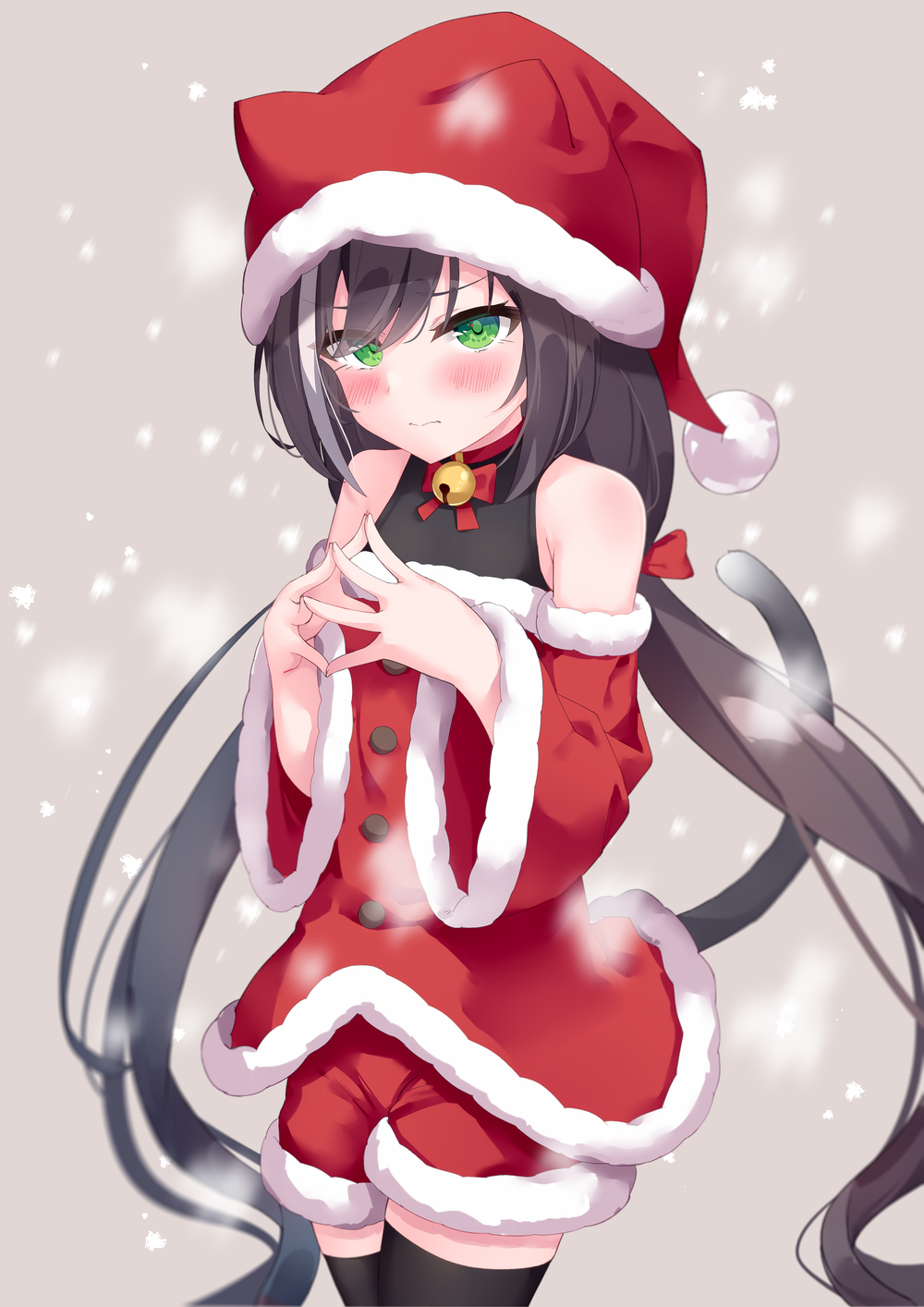 1girl, bangs, bare_shoulders, beige_background, bell, black_legwear, blush, brown_hair