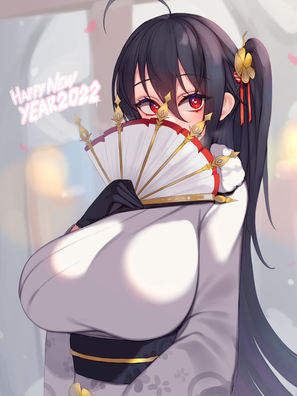 1girl, 2022, alternate_costume, azur_lane, black_gloves, black_hair, black_sash, breasts, covered_mouth, eyebrows_visible_through_hair, folding_fan, fur-trimmed_kimono, fur_trim, gloves, hair_between_eyes, hair_ornament, hand_fan, happy_new_year, heart, heart-shaped_pupils, highres, holding, holding_fan, huge_breasts, japanese_clothes, kimono, kuavera, long_hair, looking_to_the_side, new_year, red_eyes, sash, solo, symbol-shaped_pupils, taihou_(azur_lane), upper_body, very_long_hair, white_kimono