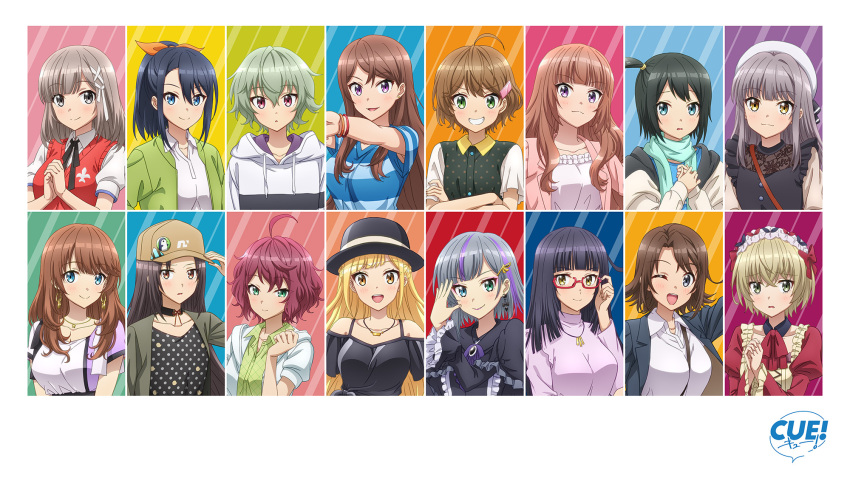 6+girls, ahoge, akagawa_chisa, blonde_hair, brown_hair, cue!, dress, eniwa_airi, everyone, glasses, green_hair, hair_ornament, hat, highres, hinakura_riko, kamuro_aya, kano_shiho, key_visual, kujo_yuzuha, lolita_fashion, long_hair, looking_at_viewer, maid_headdress, maruyama_rie, miyaji_mahoro, multiple_girls, mutsuishi_haruna, myojin_rinne, official_art, one_eye_closed, promotional_art, short_hair, skirt, smile, takatori_maika, tendo_yuuki, toomi_mei, tsukii_honoka, uniform, upper_body, utsugi_satori, x_hair_ornament, yomine_miharu