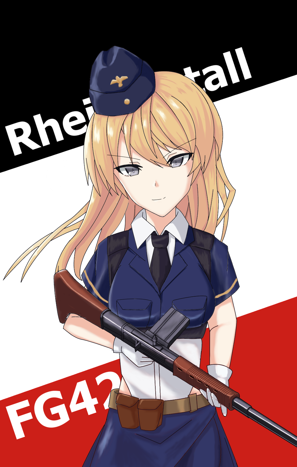 1girl, bangs, battle_rifle, black_necktie, blonde_hair, blue_headwear, blue_skirt, character_name