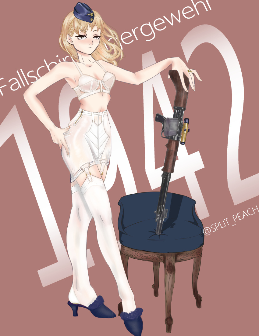 1942, 1girl, absurdres, assault_rifle, bangs, bare_shoulders, battle_rifle, blonde_hair, blue_headwear, blush, bra, breasts, closed_mouth, collarbone, eyebrows_visible_through_hair, fg42, fg42_(girls'_frontline), full_body, garter_straps, german_text, girls_frontline, grey_eyes, gun, hand_on_hip, hat, highres, holding, holding_gun, holding_weapon, jewelry, long_hair, looking_at_viewer, military_hat, rifle, ring, simple_background, solo, split_peach, standing, thigh-highs, twitter_username, underwear, vintage_clothes, weapon, white_bra, white_legwear
