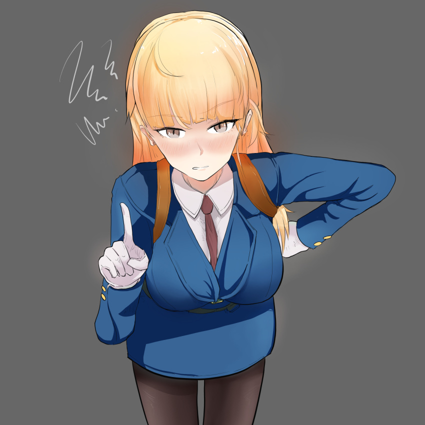 1girl, bangs, black_legwear, blonde_hair, blue_jacket, blue_skirt, blush, breasts